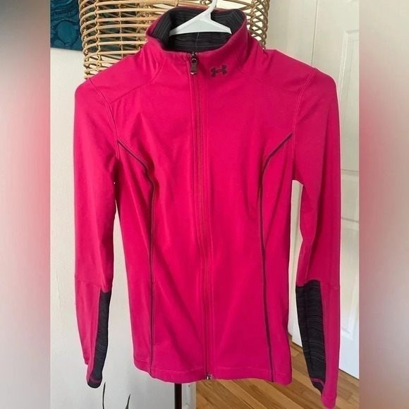 Under Armor Womens Jacket Pink Black Contrast Full Zip Long Sleeve Fitted xs - Picture 1 of 4